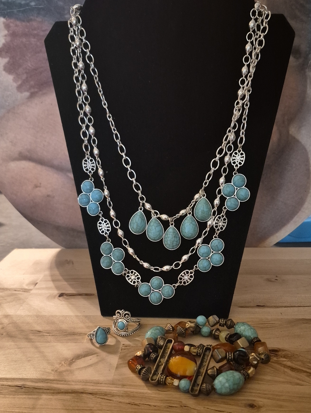 Premier Designs Blue-Turquoise Multi-Strand Pendant Necklace Set
